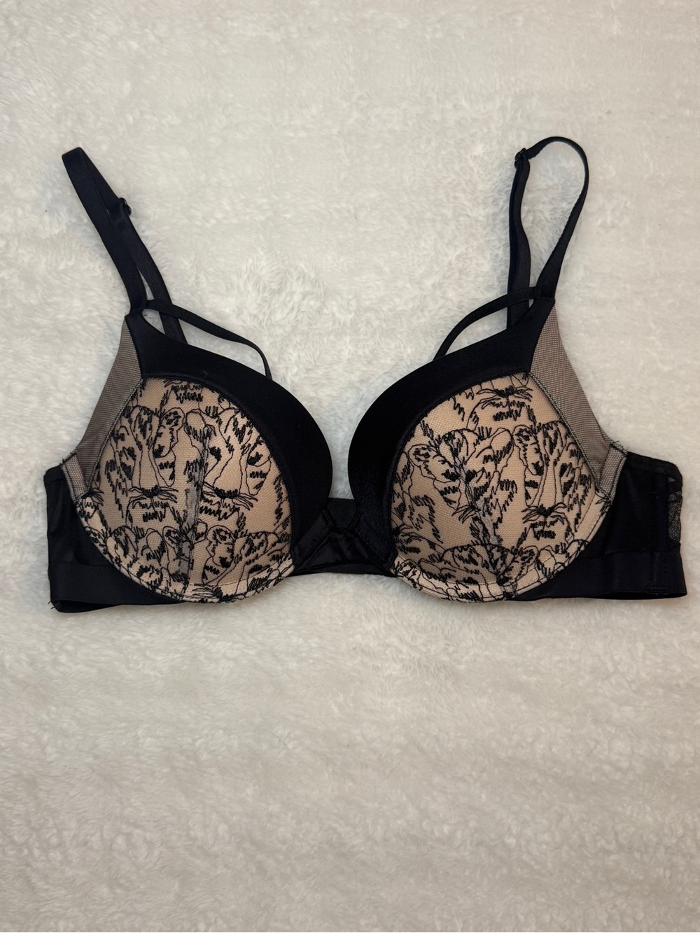 Victoria’s Secret Bombshell Black & Nude Lace-Overlay Push-Up Bra - 32B